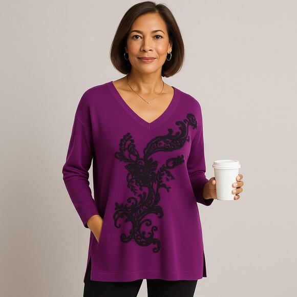 Chico’s NWT Size 2 (L) Purple V-Neck Tunic Sweater w/ Black Baroque Scroll - Picture 1 of 8